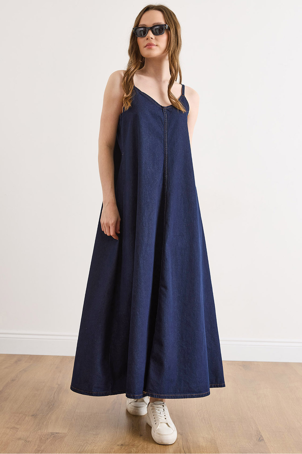 Women's Navy Blue Rope Strapped Maxi A Form Denim Dress DRESS-19002601