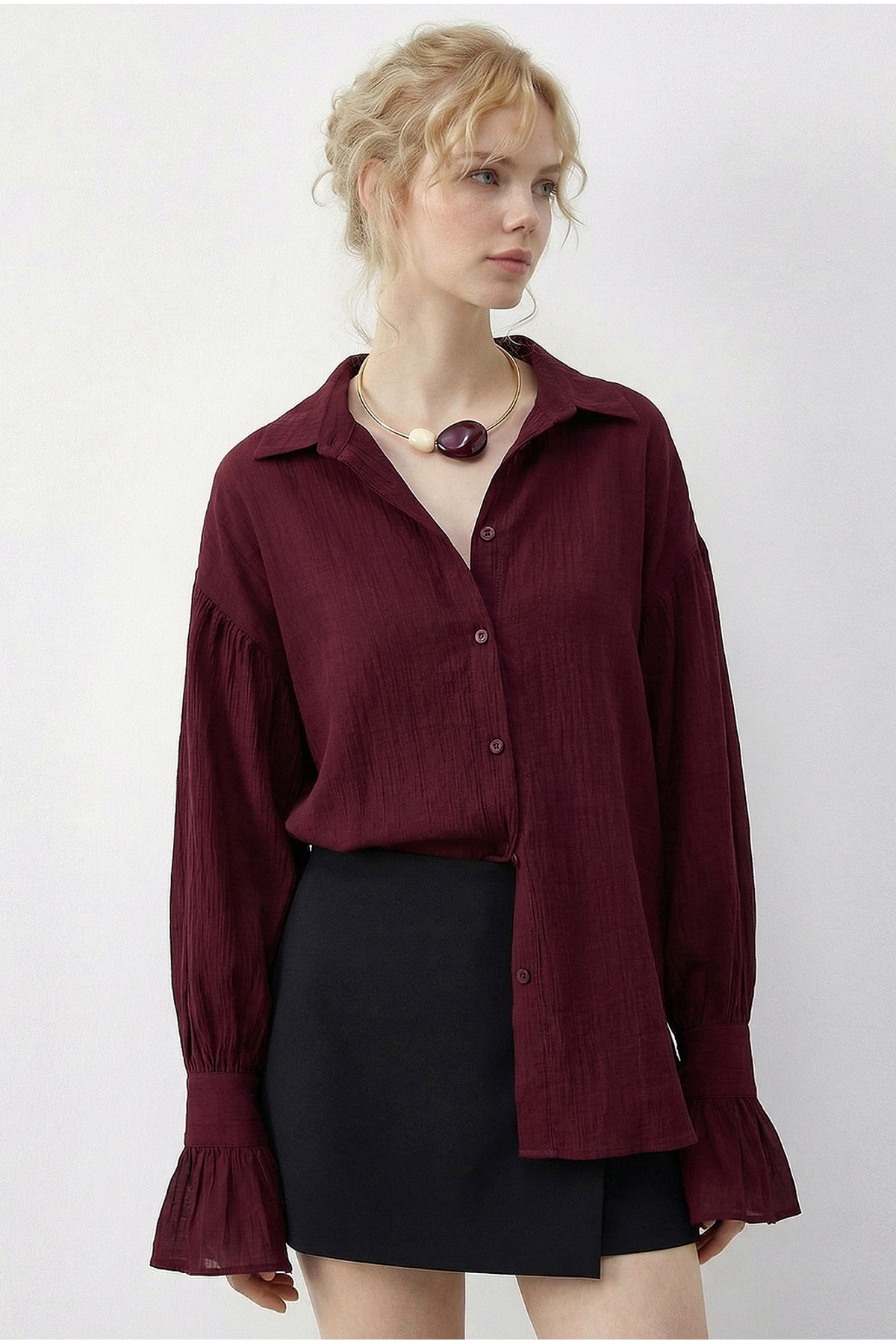 Bianco Lucci  Kadın Fırfır Manşet Detaylı Oversize Gömlek 533 60286029 - Görsel 2