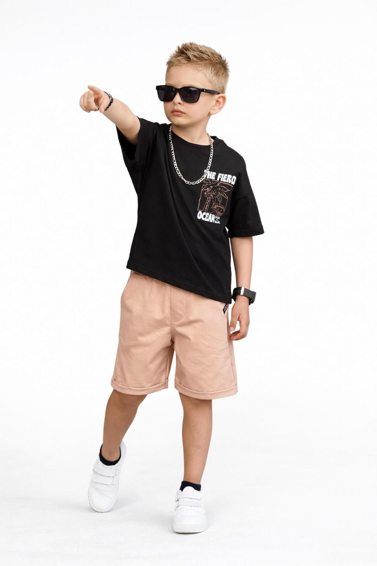Boys Black Printed T-Shirt Summer Set with Beige Shorts – Casual Fit Stylish Outfit 116955