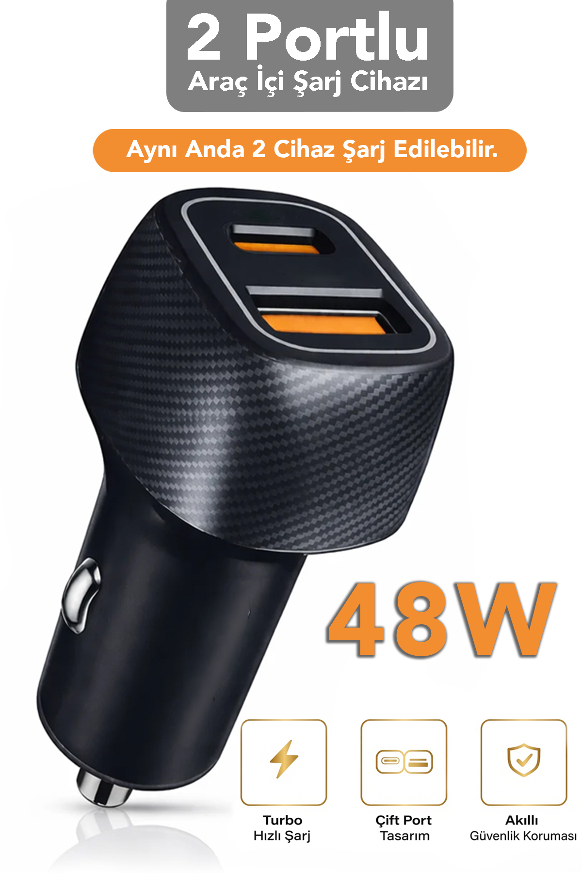 48W 2-Port In-Car Charger - Phone Tablet Compatible Fast Charger with USB Type-C Output