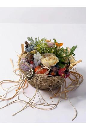 FLORİVYA Dekoratif Sepet Çiçek Aranjmanı – Yapay Çiçekli Rustik Masa Üstü Dekor