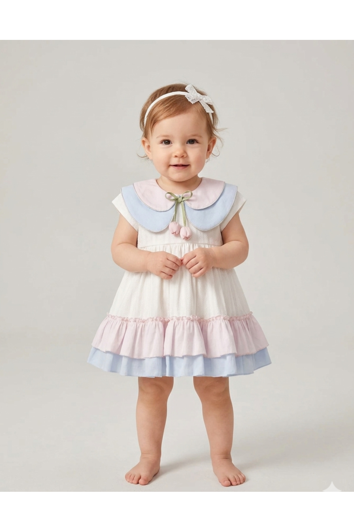 LisaLoom Kız Bebek Fırfırlı Lale Detaylı Elbise – Pastel Pembe Mavi Detaylı Pamuklu Şık Bebek Elbise Takım fotoğrafı 5 (önizleme)