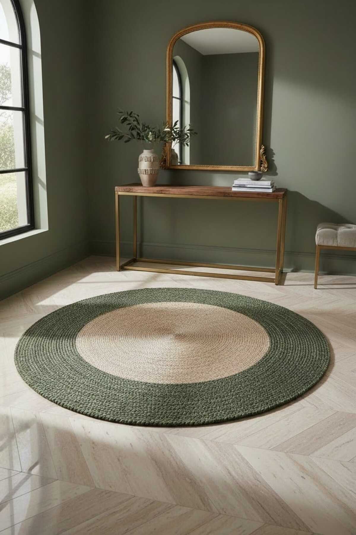 Round Straw Look Rug – Bohemian Style Decorative Rug with Green Edge