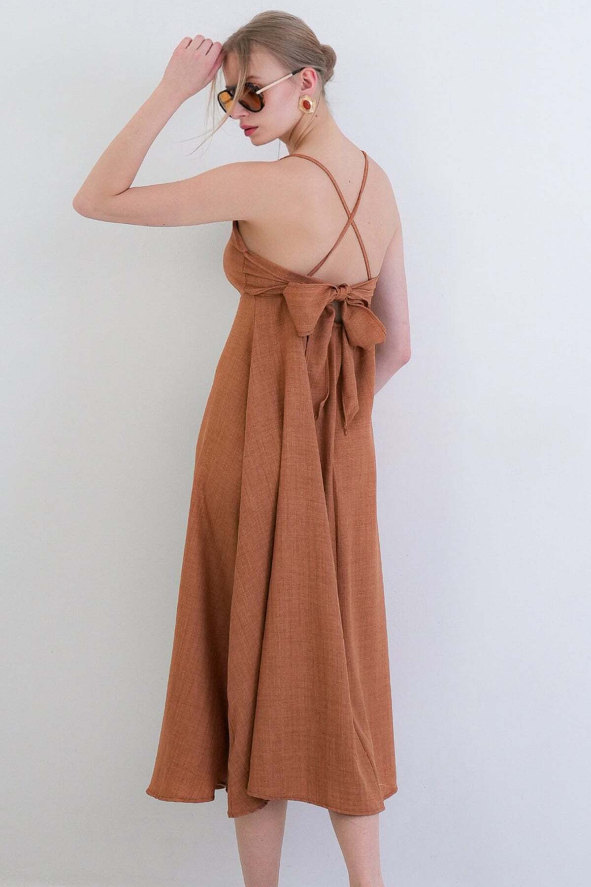 Cinnamon Rope Strap Back Tied Maxi Size Summer Sofia Linen Dress ALC-X15333