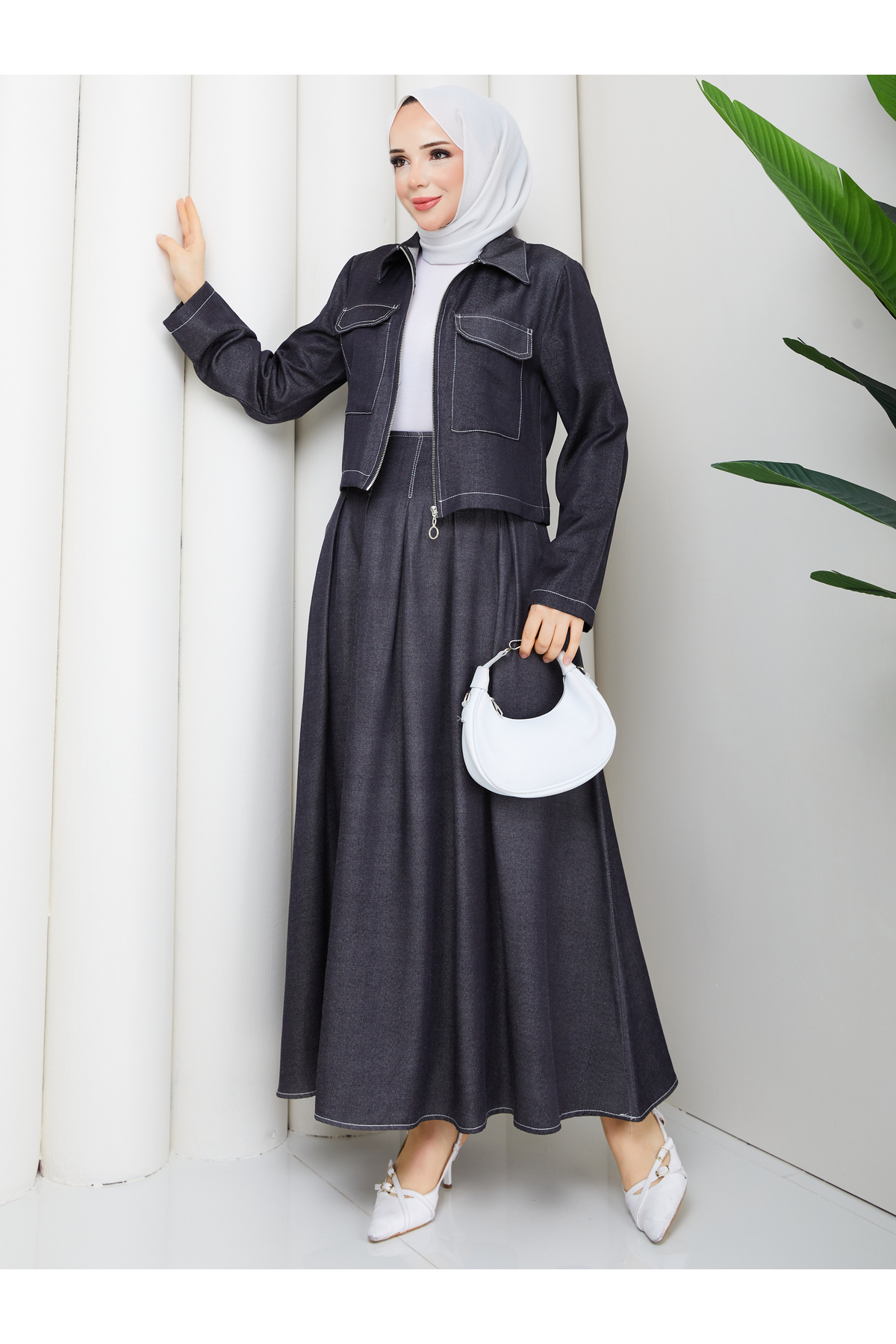 Pocket Detailed Zippered Denim Jacket & Corsaged Skirt Hijab Set RC9033