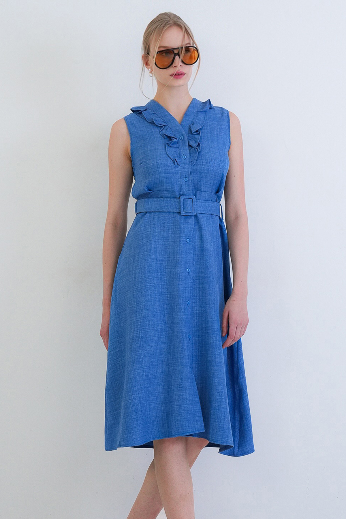 Indigo Button Front Ruffle Detailed Self Belted Linen Woven Dress ALC-X15330