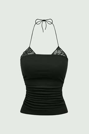ARS Butik Basic Yaka Ek Dantel Detay Bağlamalı Y2K Askılı Crop