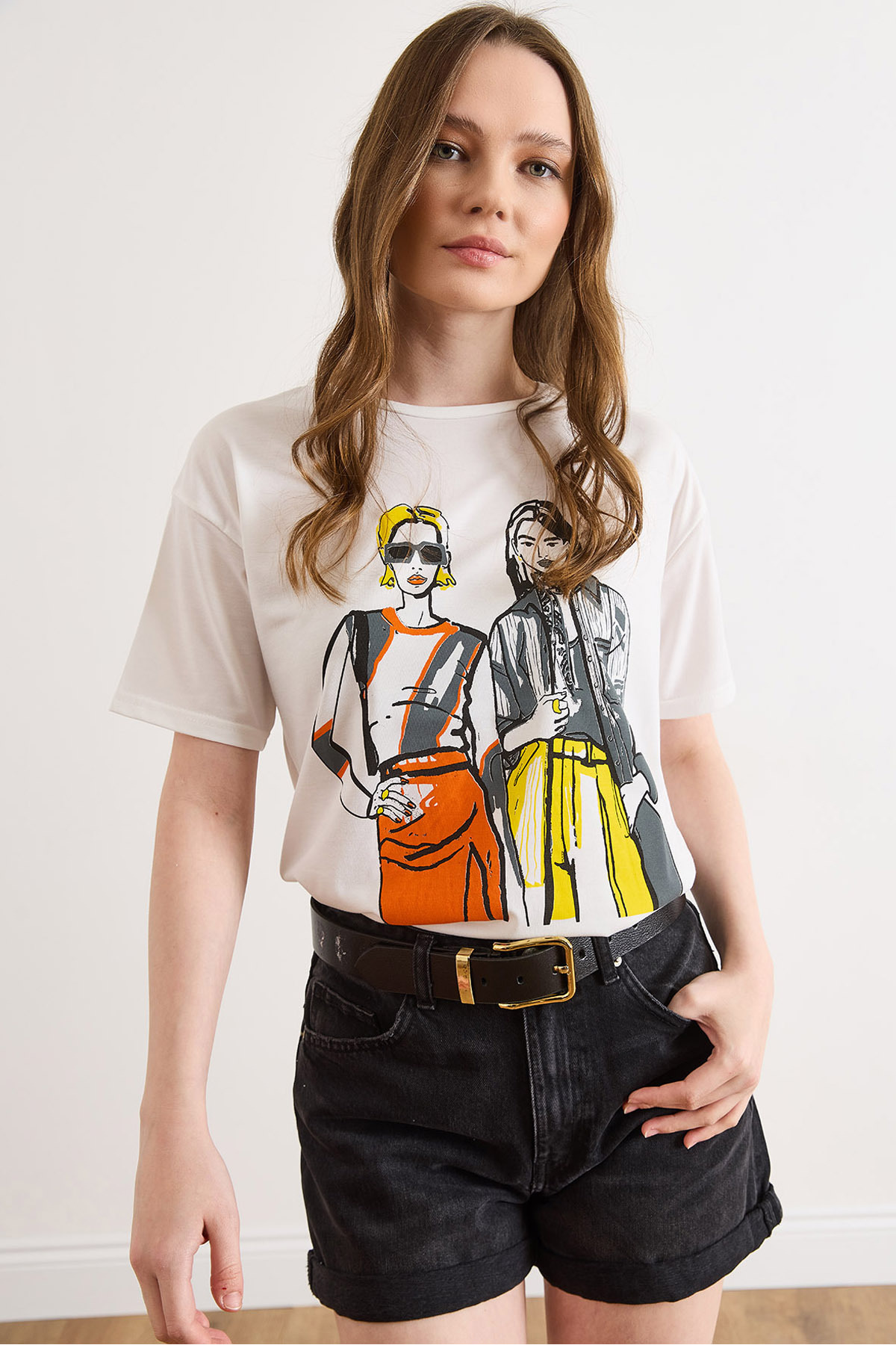 Olalook Women's Ecru Colored Printed Regular Fit T-Shirt Tsh-19000968