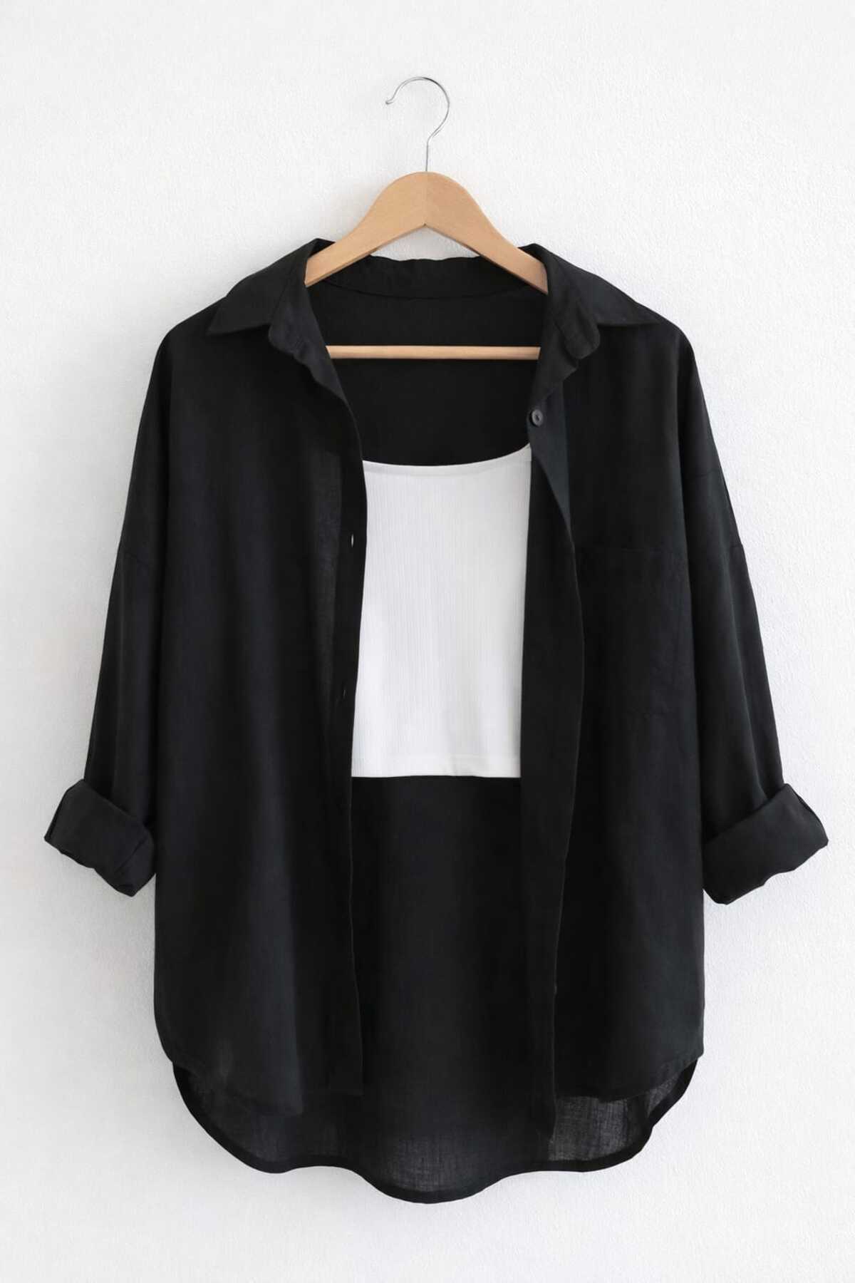blackbonds Kadın Oversize Siyah Keten Gömlek-Yaz Koleksiyonu görsel 2