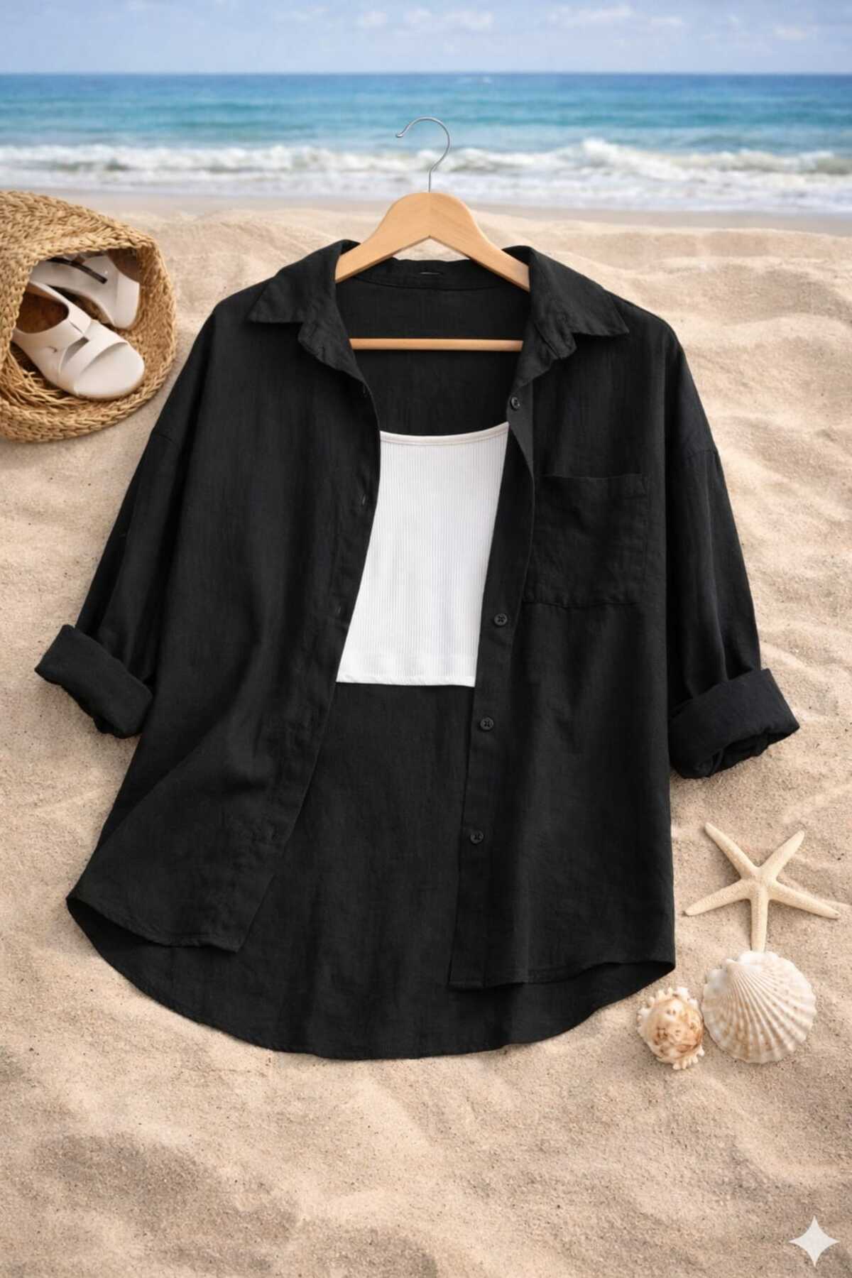 blackbonds Kadın Oversize Siyah Keten Gömlek-Yaz Koleksiyonu görsel 3