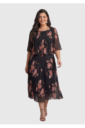 LİLAS XXL Büyük Beden Pembe Desen Baskılı Şifon Elbise