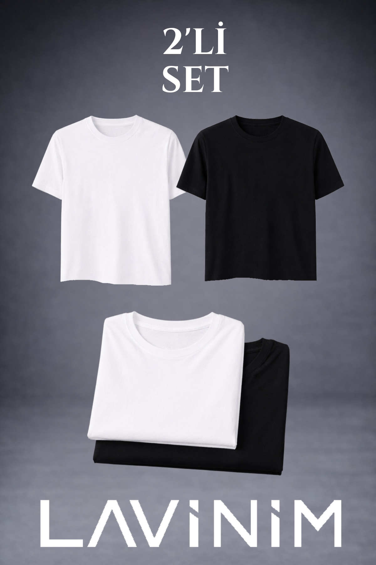 LAVİNİM  Premium İkili Pamuklu Slim Fit Kalıp Body Basic Tişört Seti SİYAH&BEYAZ - Görsel 4