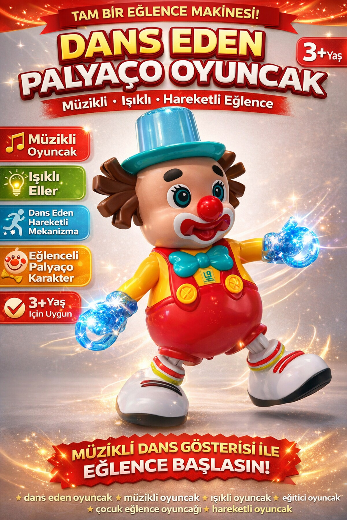 YILDIRIM OYUNCAK Dans Eden Palyaço Oyuncak 25 CM Müzikli Işıklı