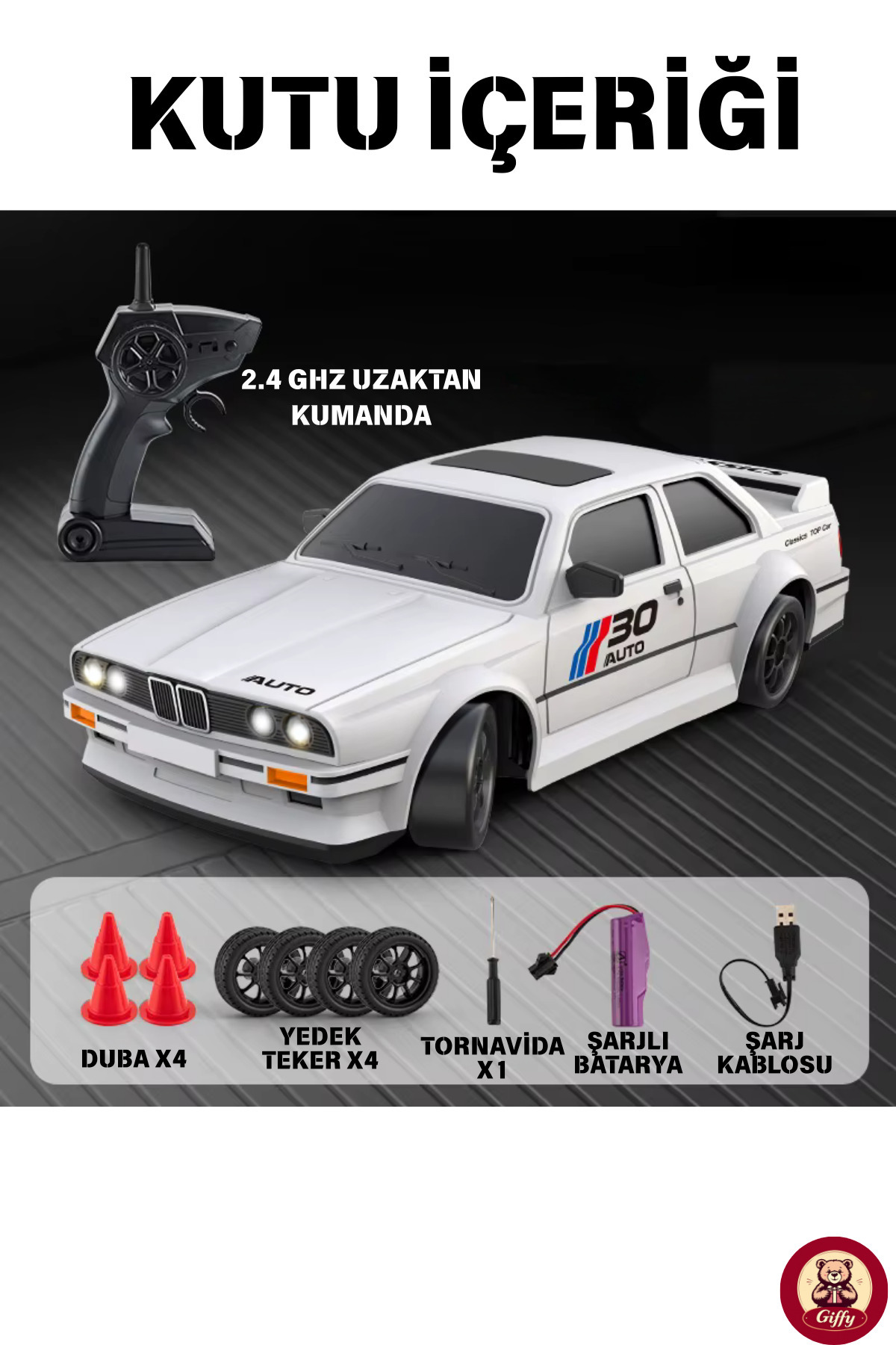 giffy Oyuncak BMW E30 Drift Araba 4x4 Uzaktan Kumandalı Araba 2.4GHz Şarjlı LED Işıklı 15 Km Hız Araba fotoğrafı 2 (önizleme)