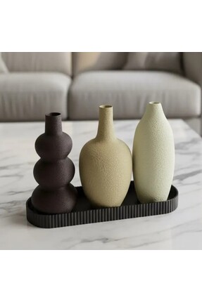 DEKORATEX Tepsili 3'lü Bulanık Yüzey temalı 3D Dekoratif ve Hediyelik Vazo seti