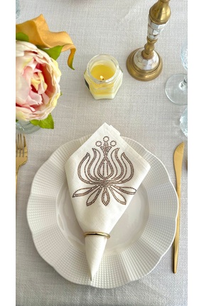 desicap 6’lı Lotus Taş Desenli Keten Peçete Seti – 34x34 cm Dekoratif Davet S...