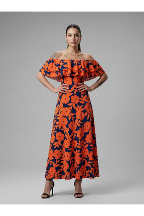 KAMİLA BUTİK MADONNA YAKA ÇİÇEK DESENLİ FIRFIRLI YAZLIK UZUN ELBİSE