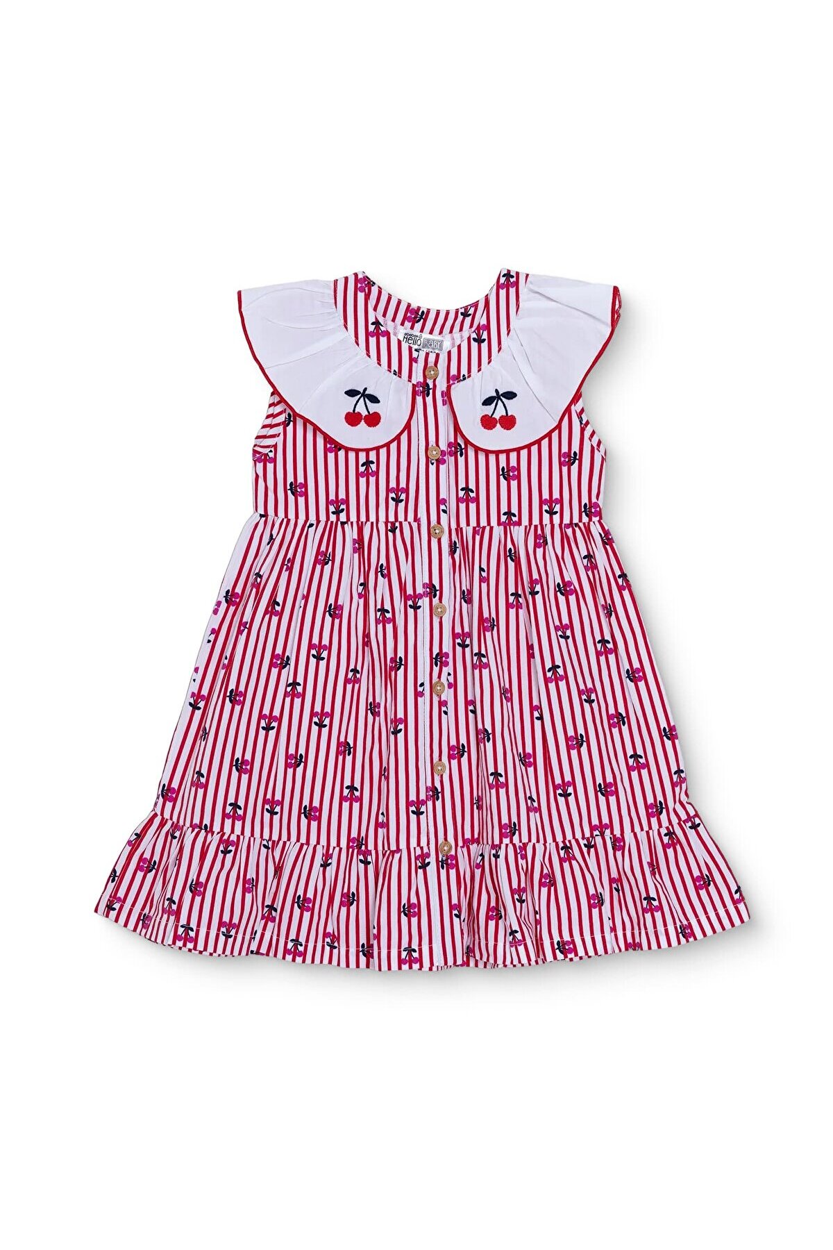 HelloBaby Kız Bebek Elbise Kiraz Baskılı Düğmeli Bebe Yaka Atlet Reçme