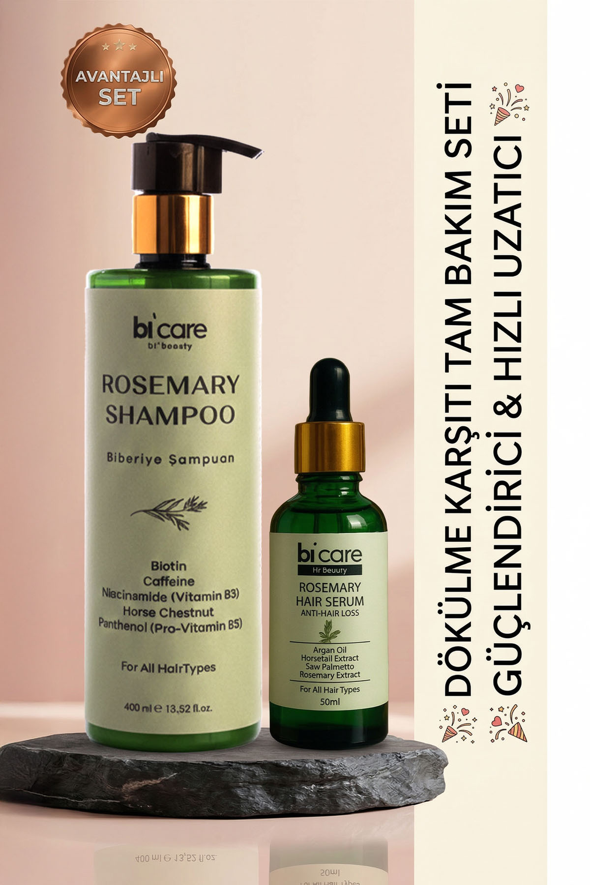 Biberiye Özlü Dökülme Karşıtı Saç Bakım Seti - Şampuan 500ml + Serum 50ml Güçlendirici — NRA-SET-ROSE01