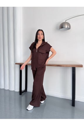 BELISTIL Fermuarlı Yelekli Geniş Paça Pantolonlu Kadın Eşofman Takımı Oversiz...
