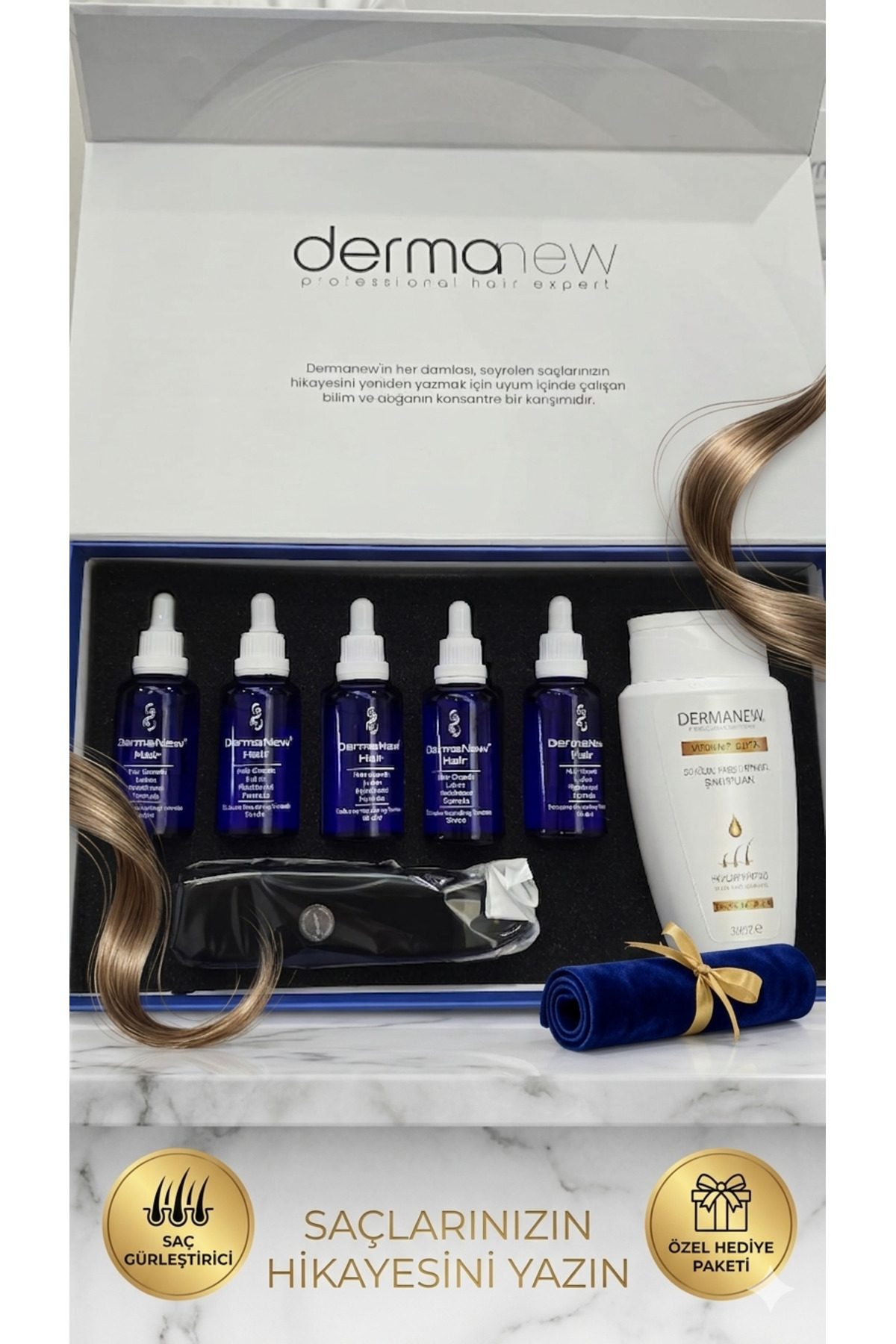 Dermanew Saç Çıkarıcı Güçlü Formül 5’li Serum Roller ve Özel Şampuan Seti - Saç Bakım HEDİYE PAKETİ — 6526541 — تصویر 5 از 6