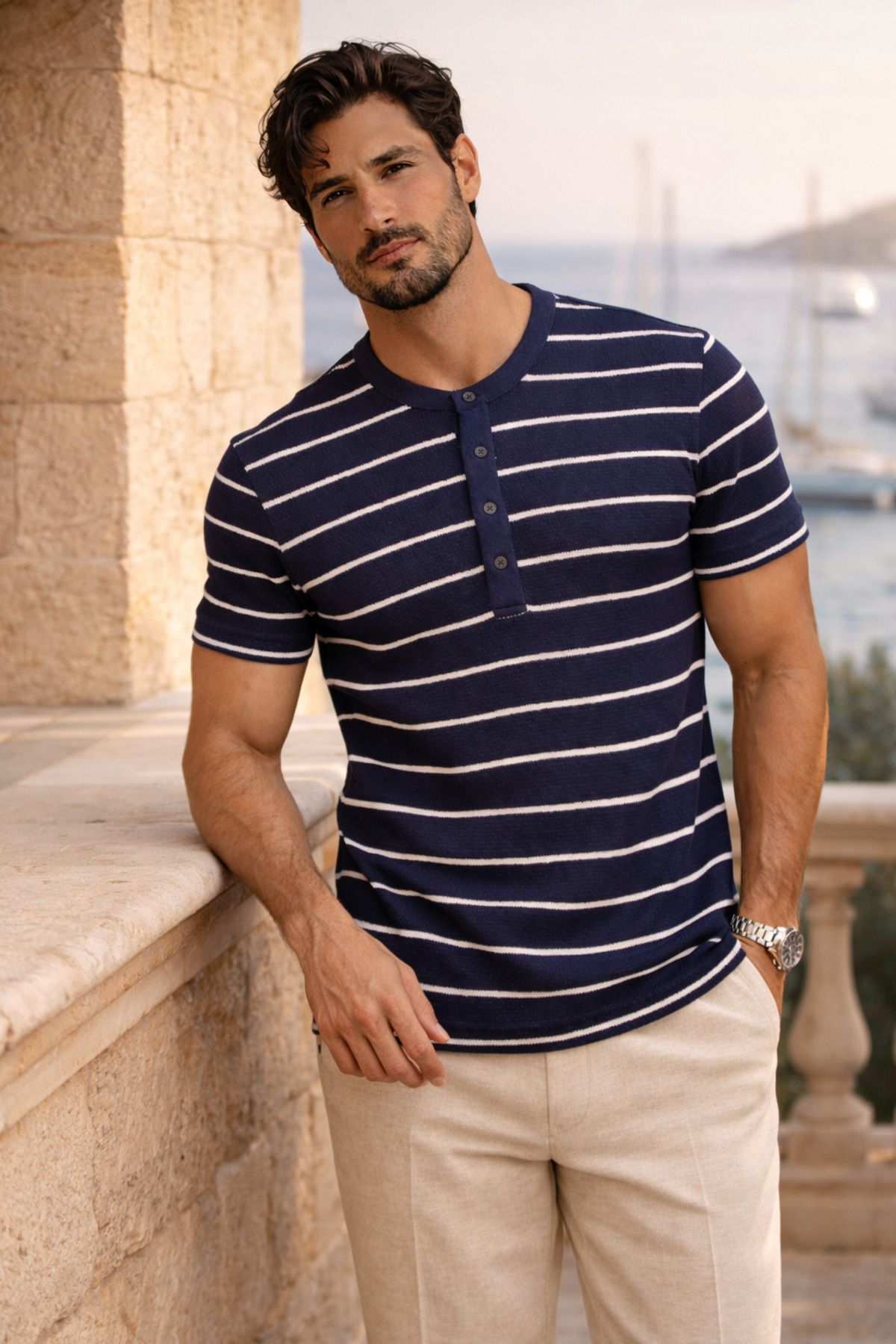 Kristof Quilting Fabric Regular Fit Buttoned Collar Self Striped T-Shirt- Navy