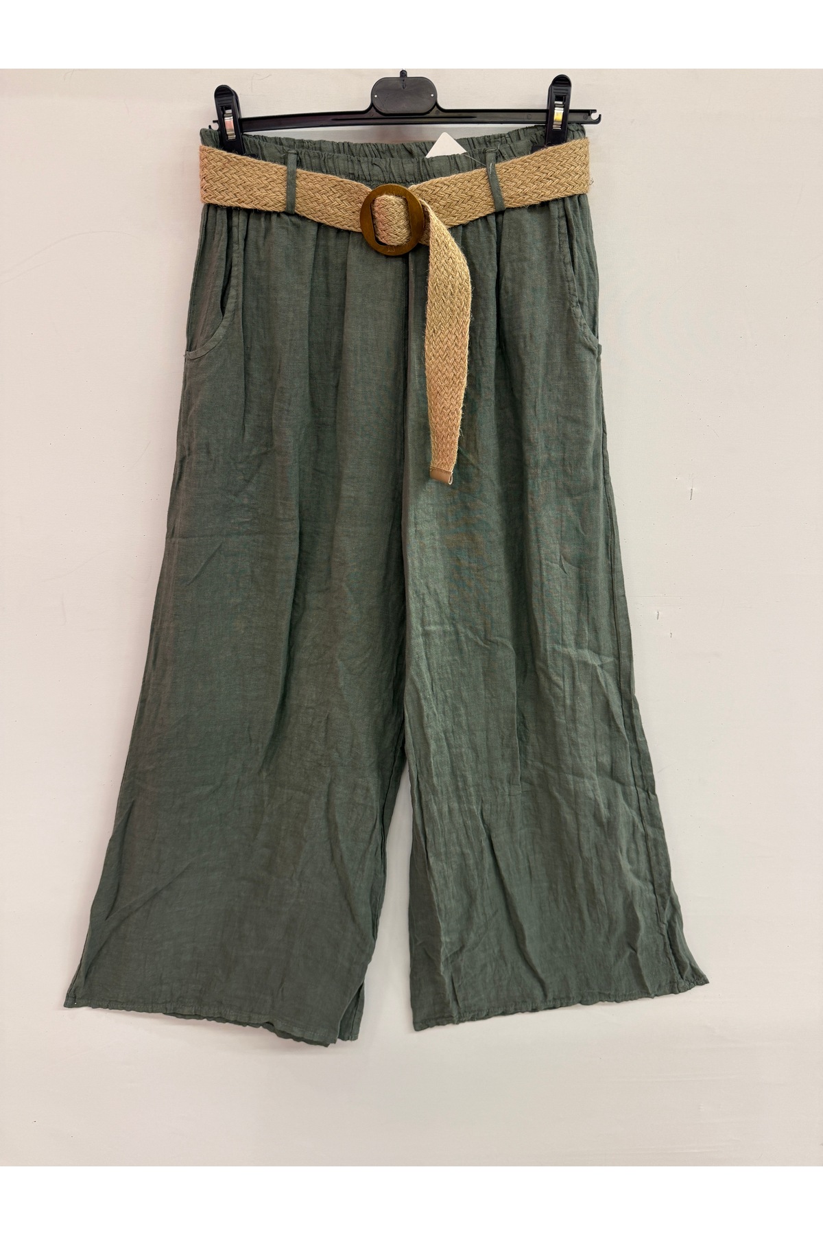 Women's Khaki Italian Straw Belted Elastic Wide Leg Shabby Linen Pants Size 38 - 46