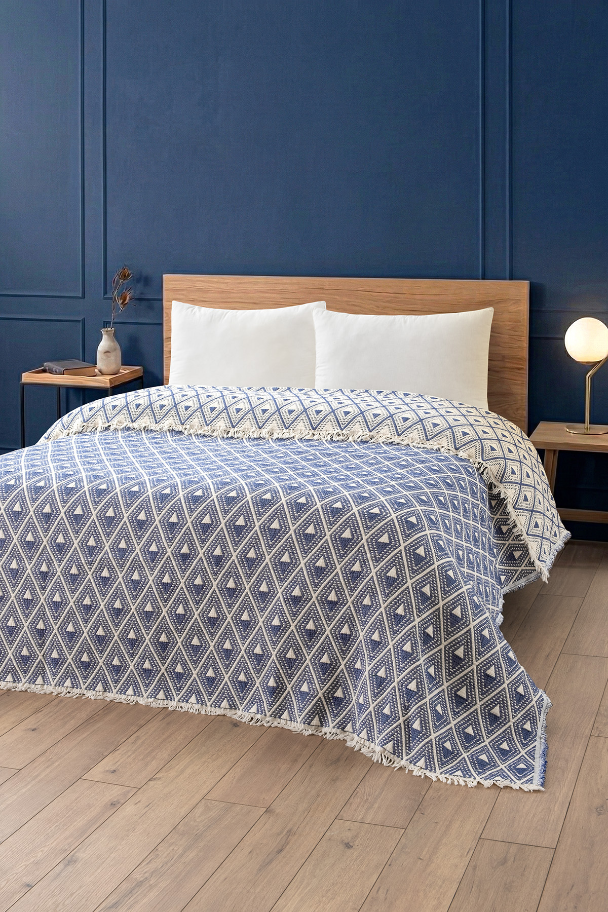 Pyramid Pattern Navy Blue Muslin Single Quilt 180x220 cm - 100% Cotton Soft Bedspread