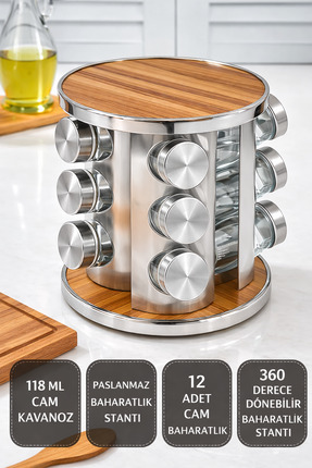 MAKRİ HOME 12’li Ahşap Krom Yuvarlak Döner Baharatlık, 360° Paslanmaz Stantlı...