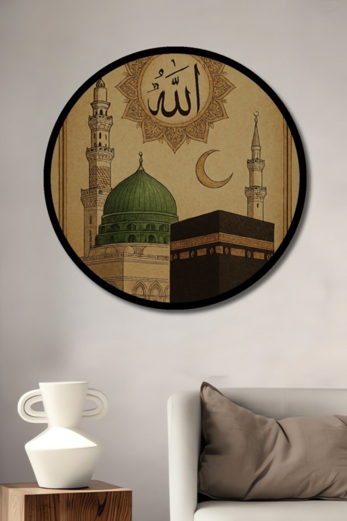 Teona Ahşap Yuvarlak İslamın Kalbi Kabe ve Yeşil Kubbe Karakalem