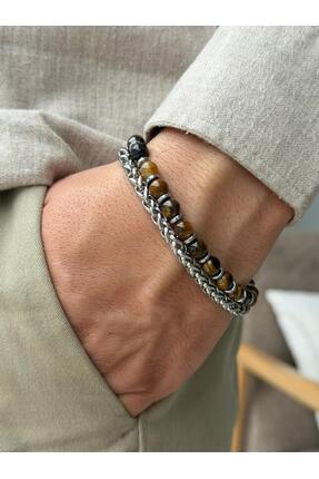 ZERA STEEL JEWELRY Erkek Kahverengi Hematit Doğal Taşlı Çelik Bileklik