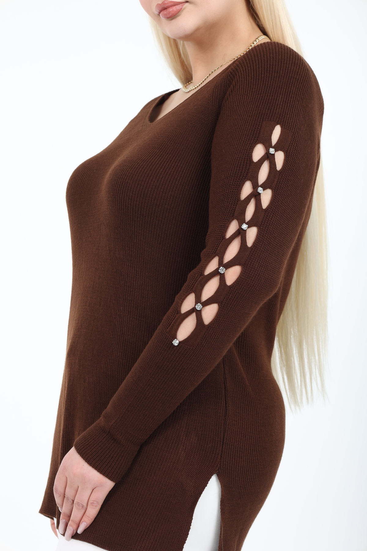 MJORA  Kahverengi V Yaka Kol Detaylı Triko Örme Taşlı Kazak