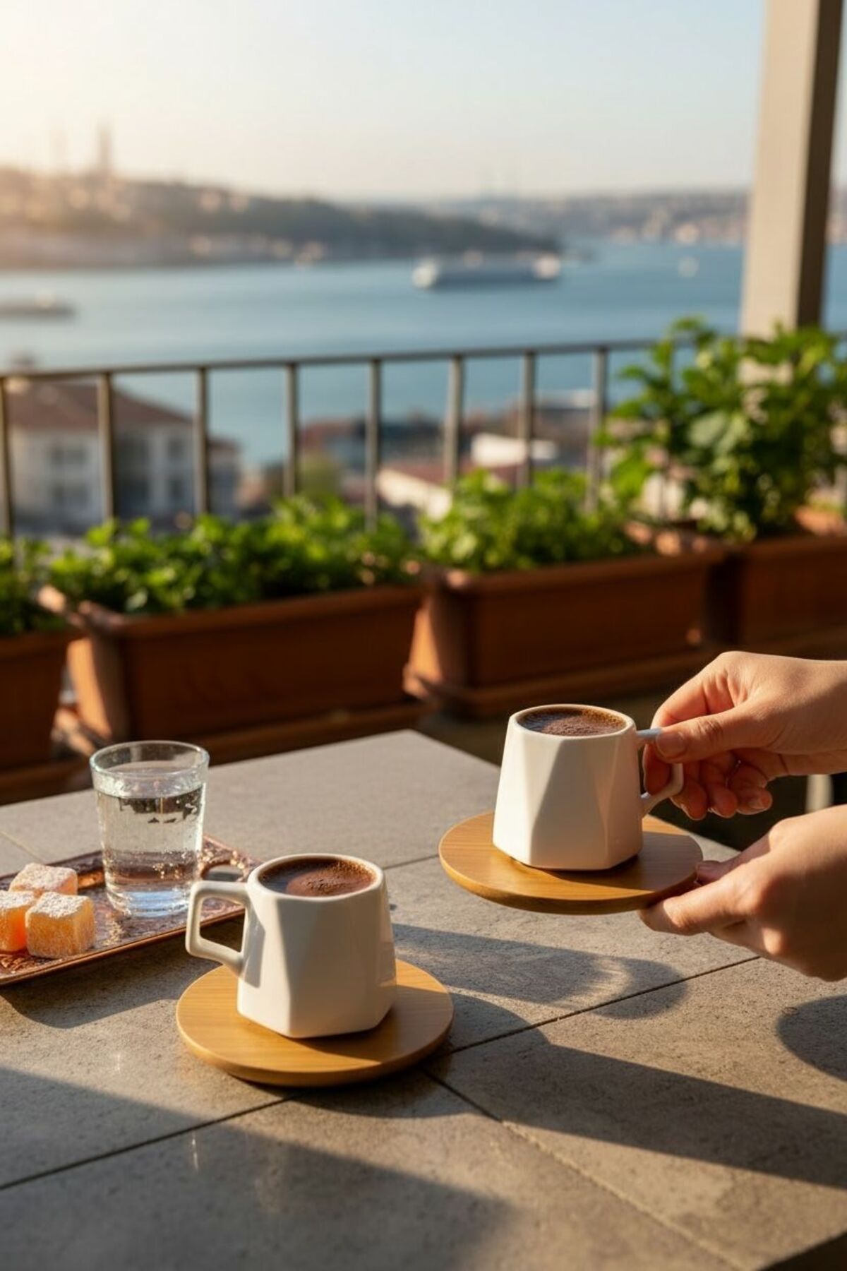 Lotus 2’li Porselen Kahve Fincanı | Bambu Tabaklı Kahve Sunum Seti