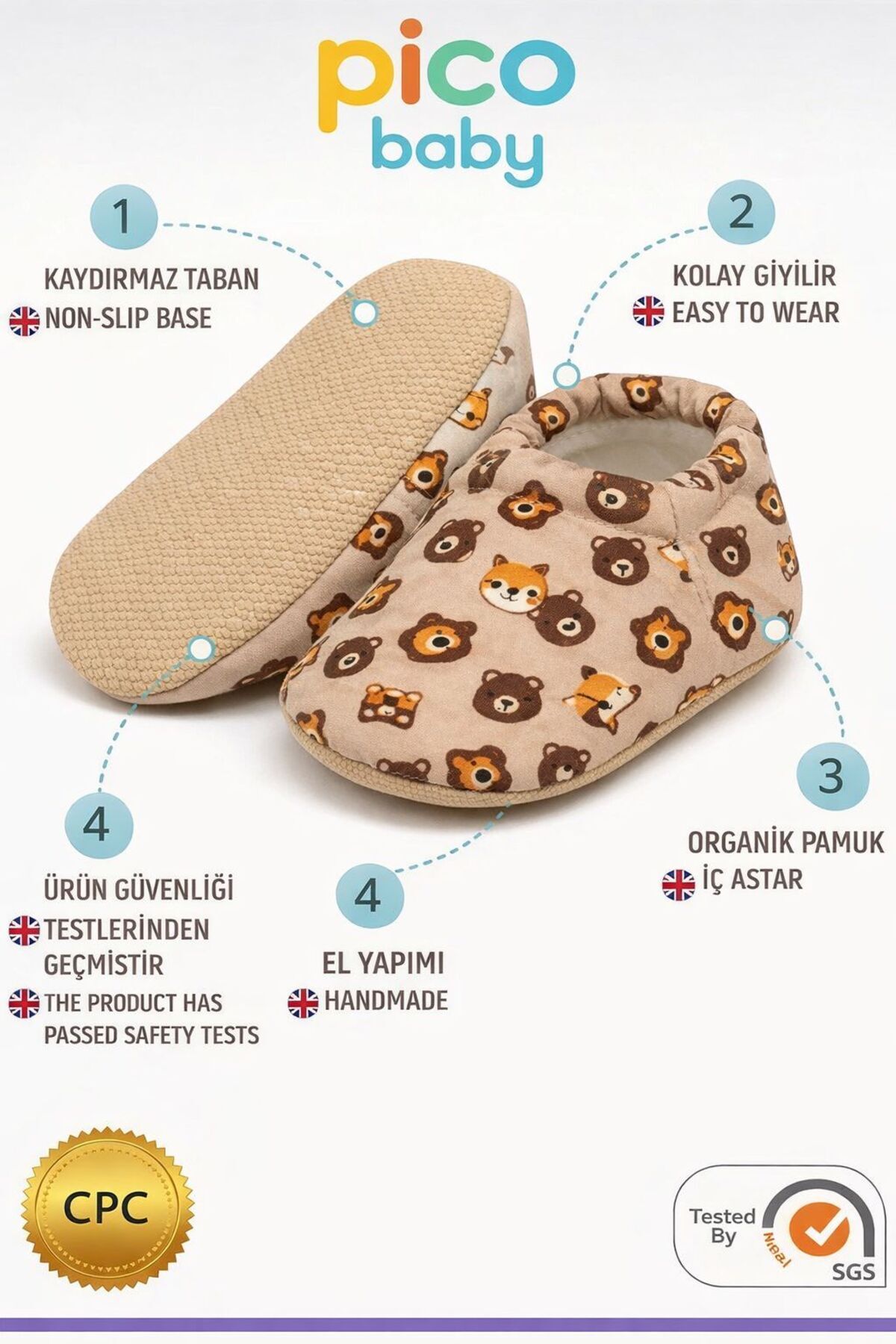 Pico Baby Kaydırmaz Tabanlı / Desenli Pamuklu Yazlık Bebek Patiği / Kreş Ayakkabısı /Esnek ve Yumuşak fotoğrafı 3 (önizleme)