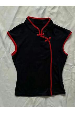 ARS Butik Mandarin Yaka Çin Düğüm ve Şerit Detay Basic Kısa Kollu Bluz