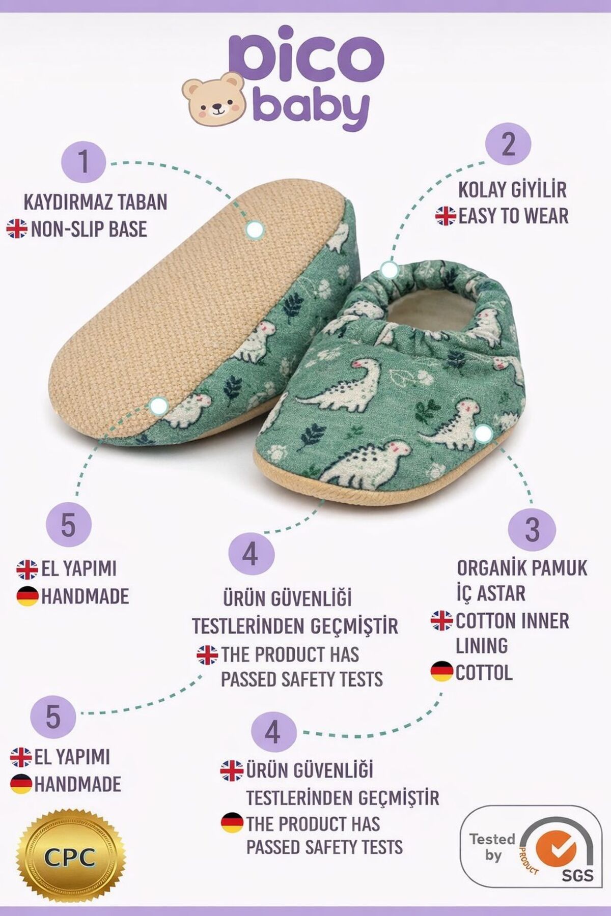 Pico Baby Kaydırmaz Tabanlı / Desenli Pamuklu Yazlık Bebek Patiği / Kreş Ayakkabısı /Esnek ve Yumuşak fotoğrafı 3 (önizleme)