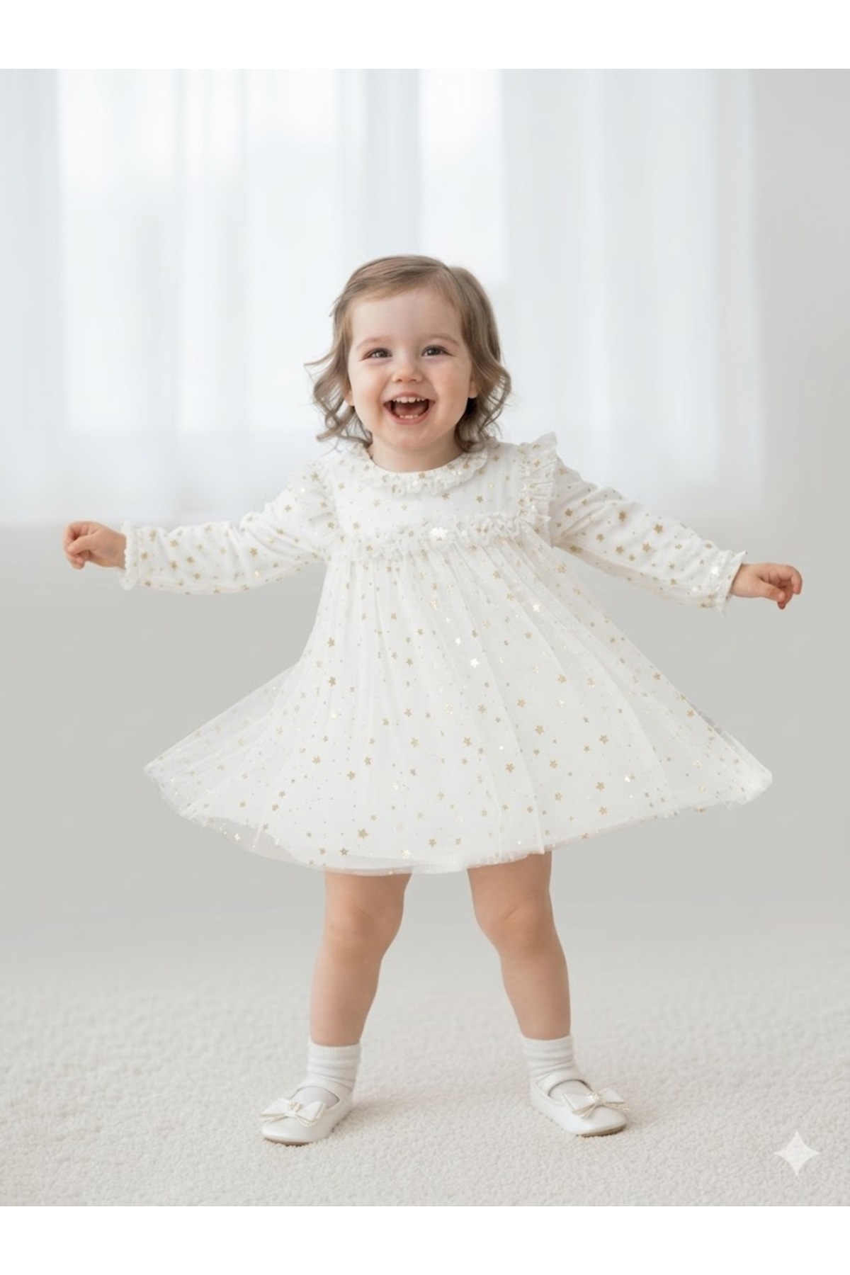 MİNİKİNCİBABY Yıldız Baskılı Fırfırlı Kız Bebek Doğum Günü ve Özel Gün Elbisesi - Beyaz fotoğrafı 4 (önizleme)