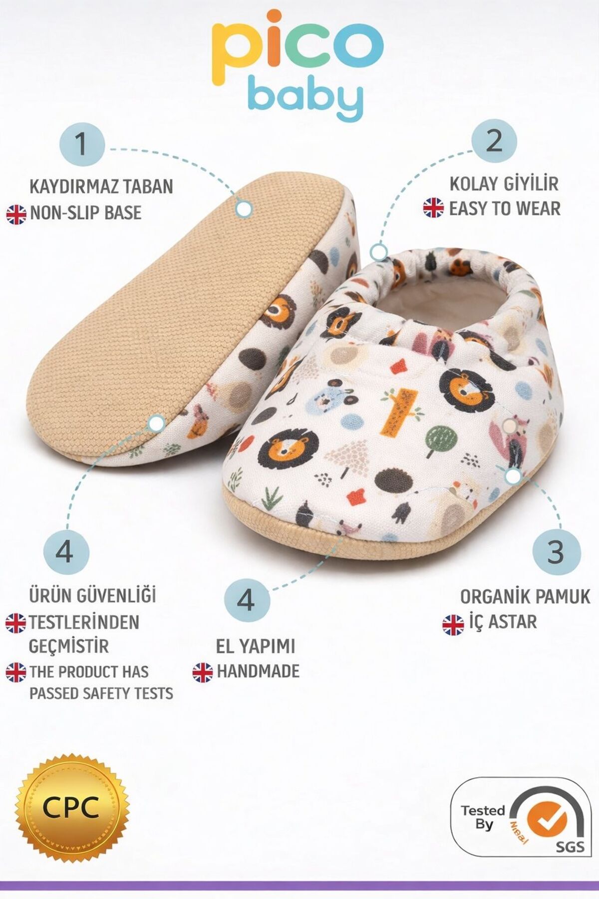 Pico Baby Kaydırmaz Tabanlı / Desenli Pamuklu Yazlık Bebek Patiği / Kreş Ayakkabısı /Esnek ve Yumuşak fotoğrafı 3 (önizleme)