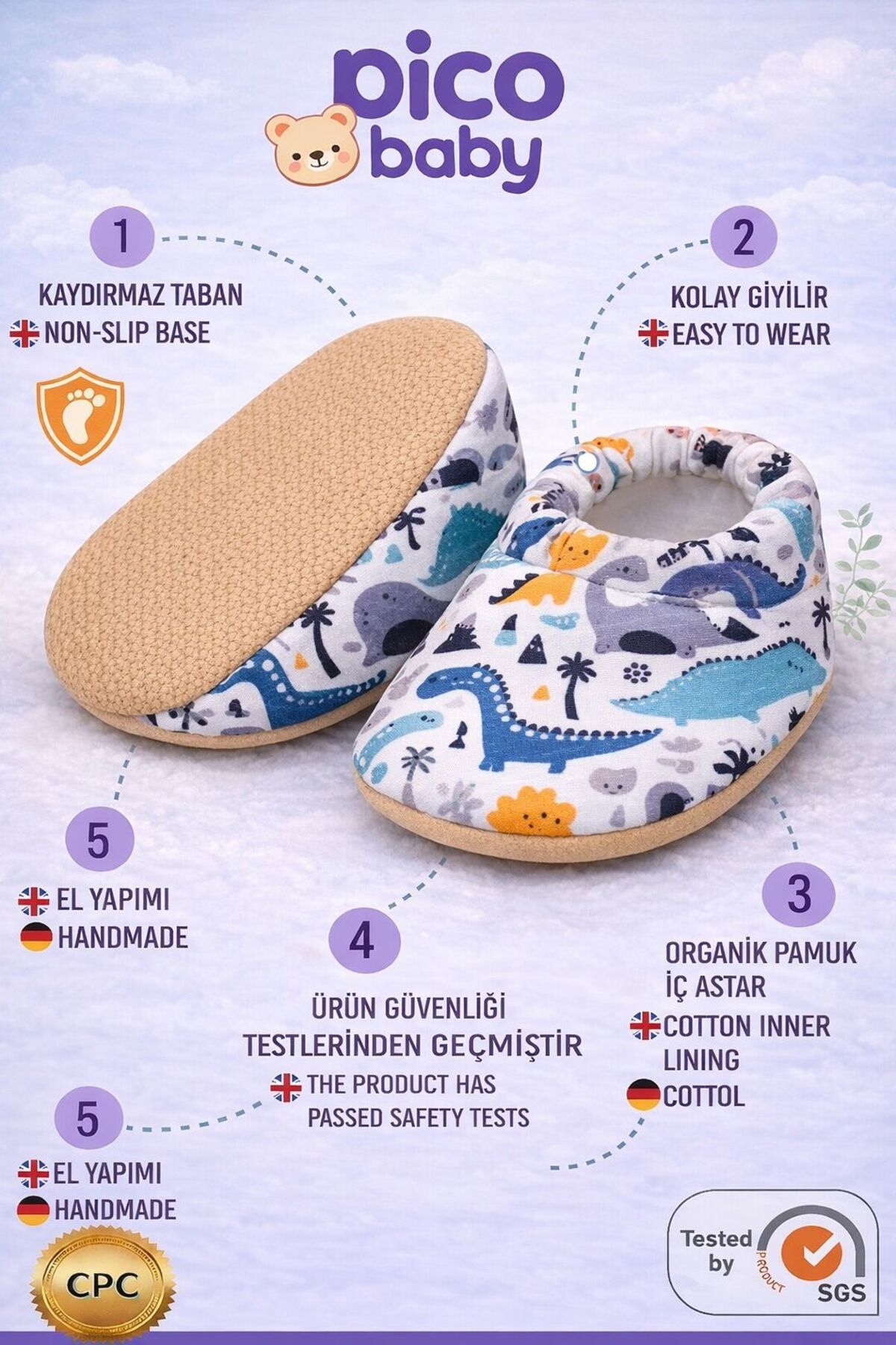 Pico Baby Kaydırmaz Tabanlı / Desenli Pamuklu Yazlık Bebek Patiği / Kreş Ayakkabısı /Esnek ve Yumuşak fotoğrafı 3 (önizleme)