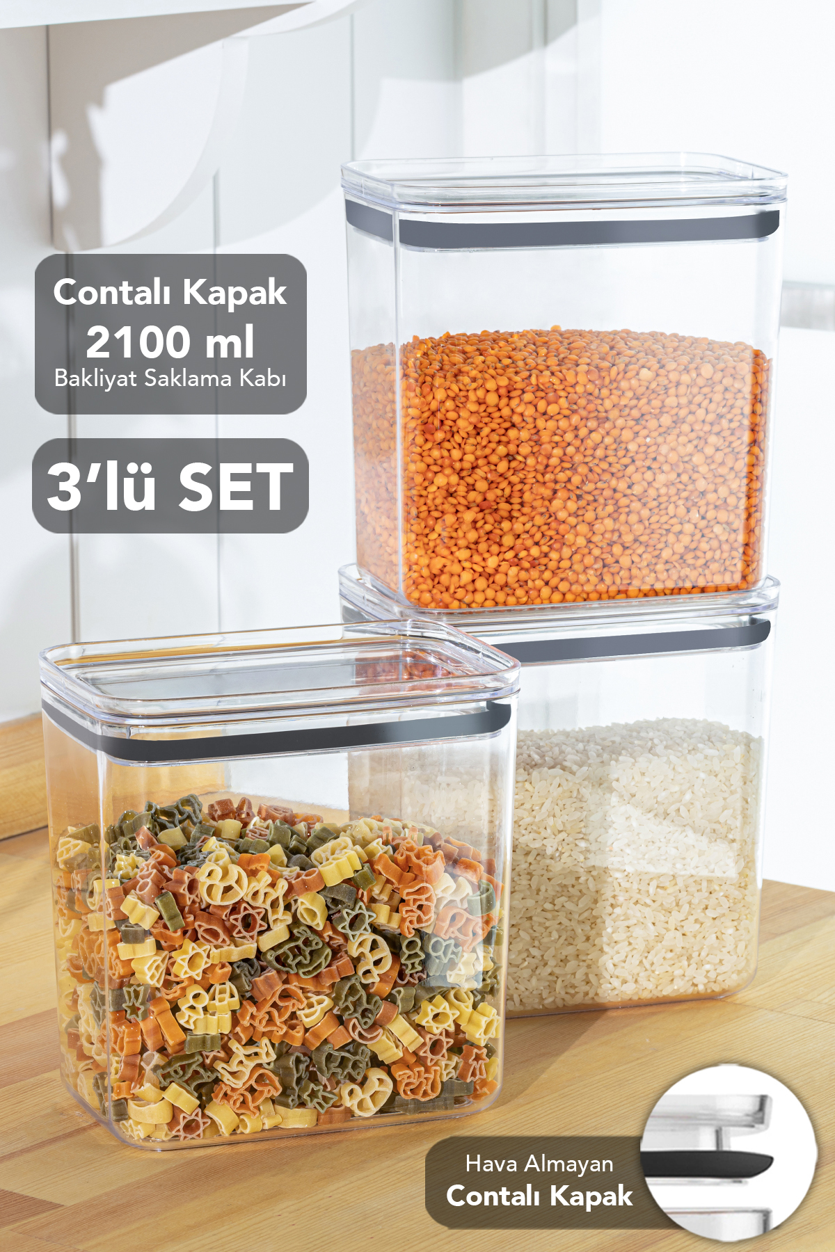 Meleni Home 3'lü Pure Dikdörtgen Saklama Kabı - Contalı Hava Almaz