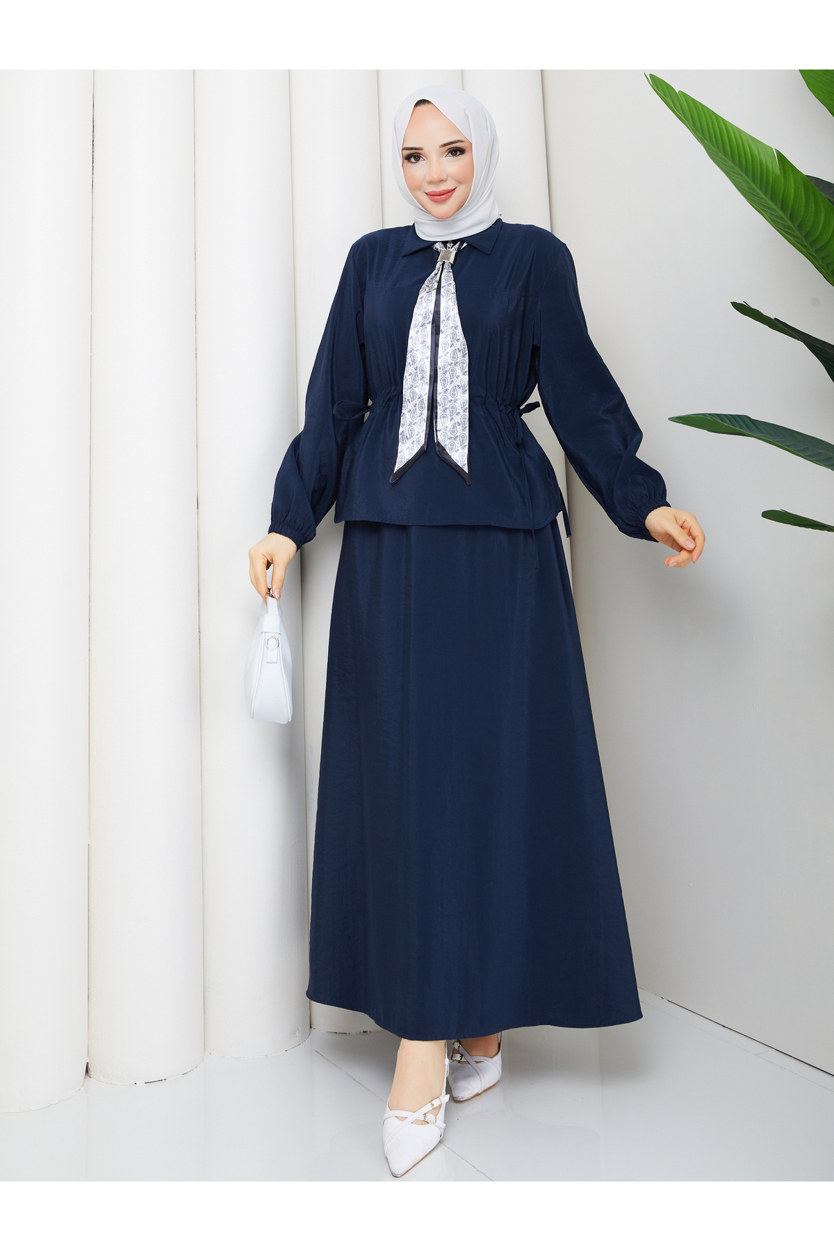 Zippered Lashing Detailed Shirt & Skirt Scarf Hijab Set RC9032