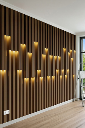 MİRAZAWALL 3D Görünümlü Modern Çıta ve Led Işık Desenli Tek Parça Tekstil Duv...