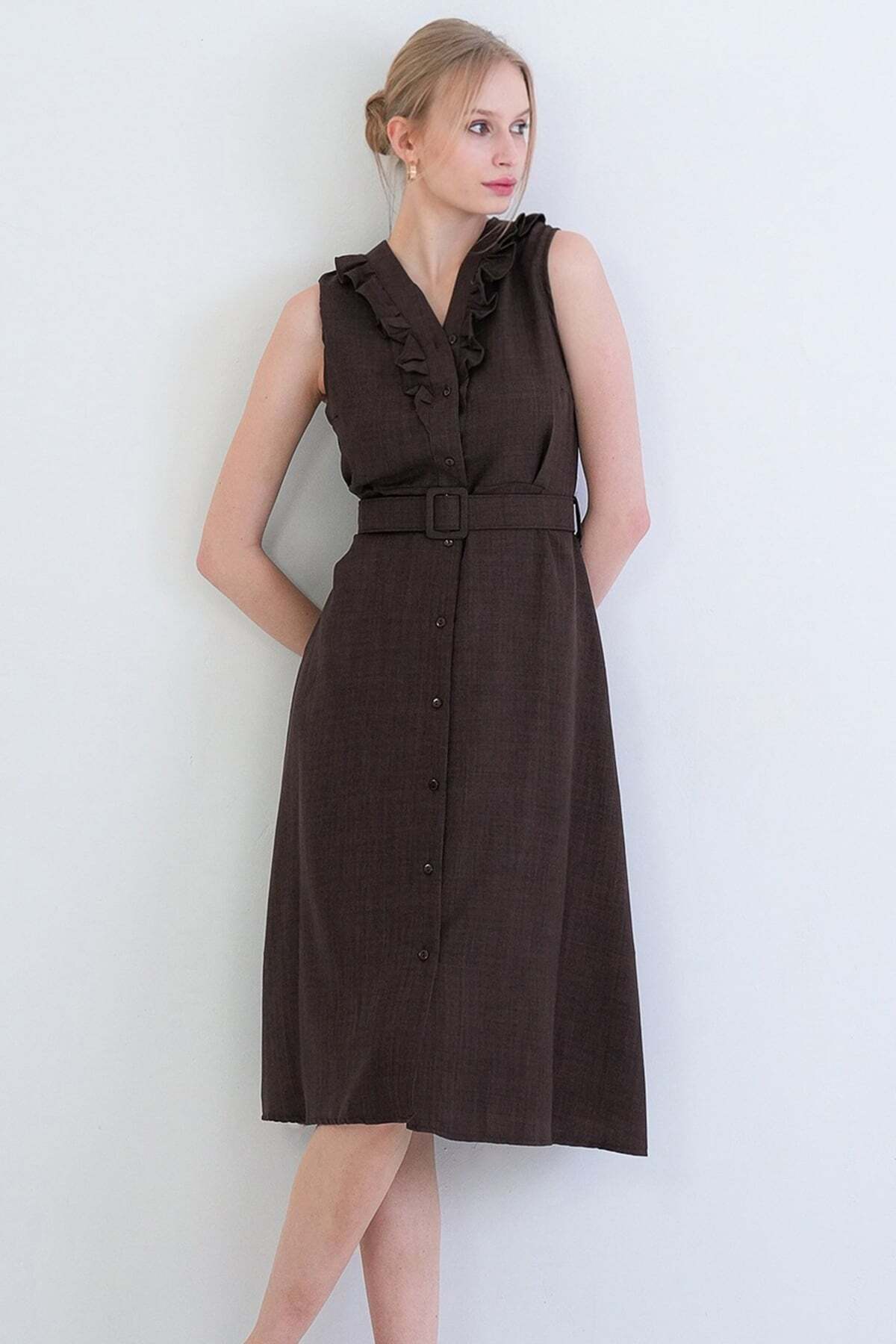 Bitter Brown Button Front Ruffle Detailed Self Belted Linen Woven Dress ALC-X15330