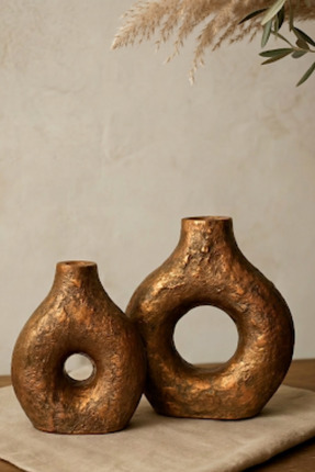 NVOs Candle Dekoratif El Boyaması 2'li Vazo Seti - Dokulu Antik Bakır Görünüm...