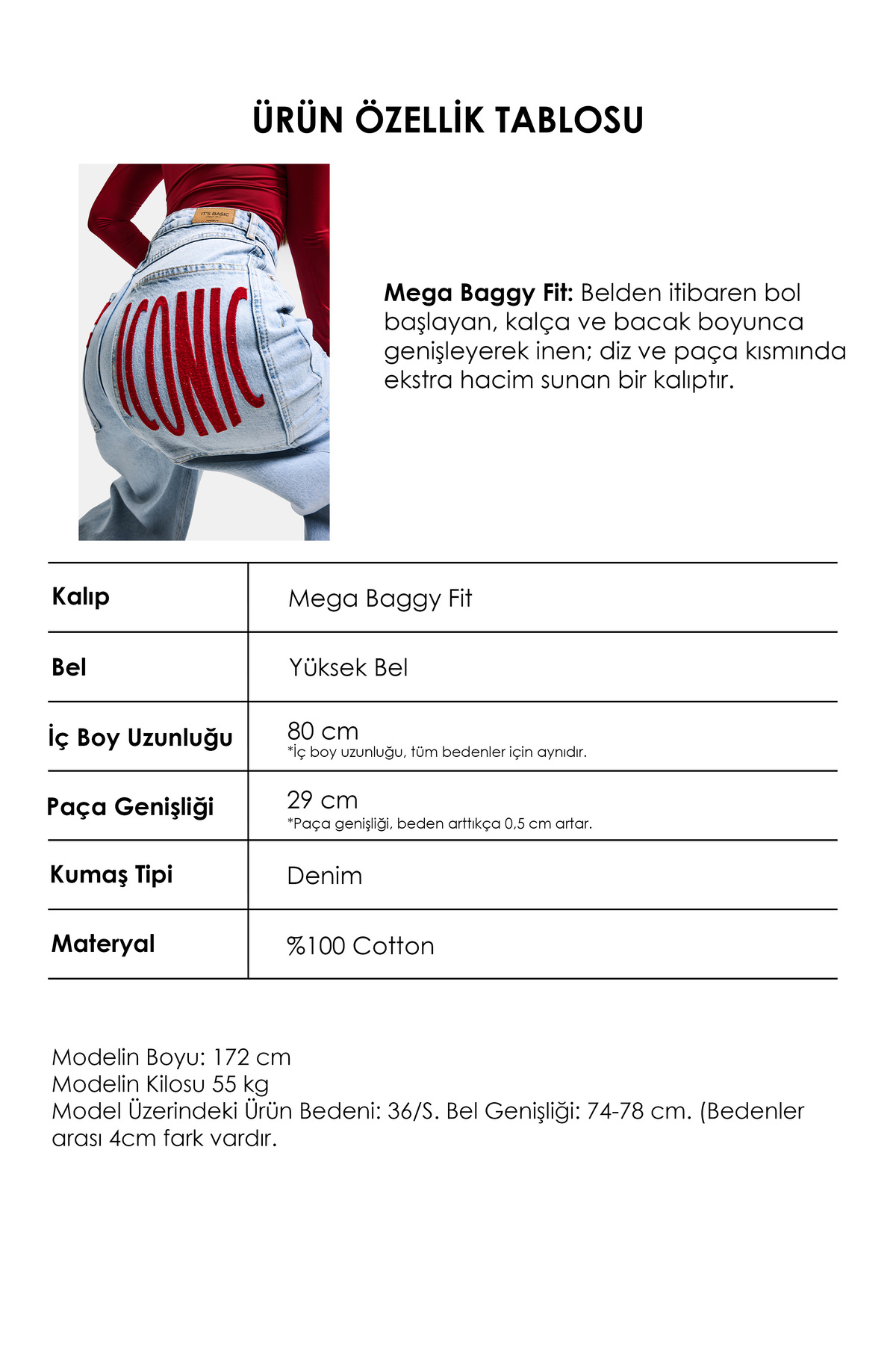 it's basic  Kadın Ice Renk 4s6-3 Mega Baggy Fit Paça ve Cep Detaylı Özel Tasarım Denim Jean - Görsel 3