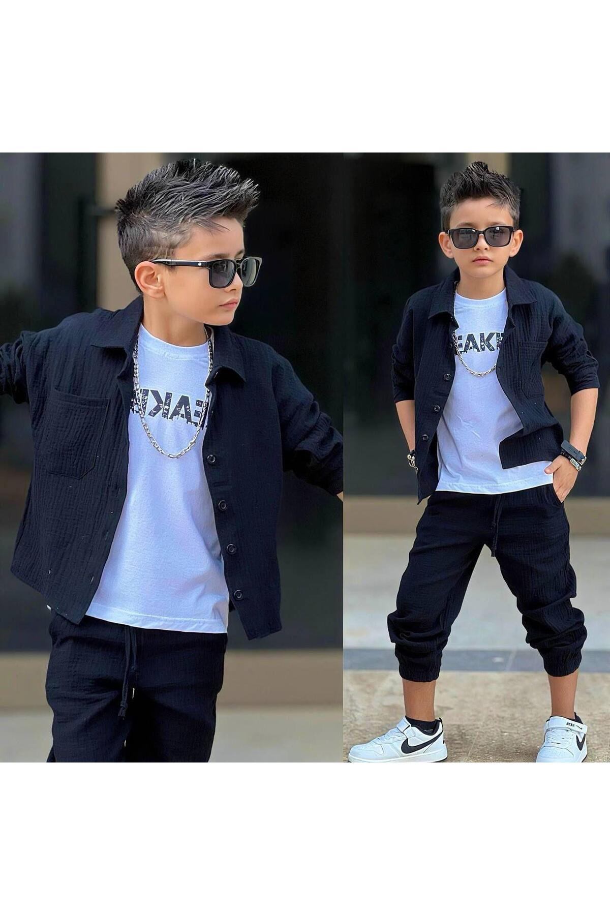 Boys Black Muslin 3 Piece Set Shirt T-Shirt Pants Combination 12001S