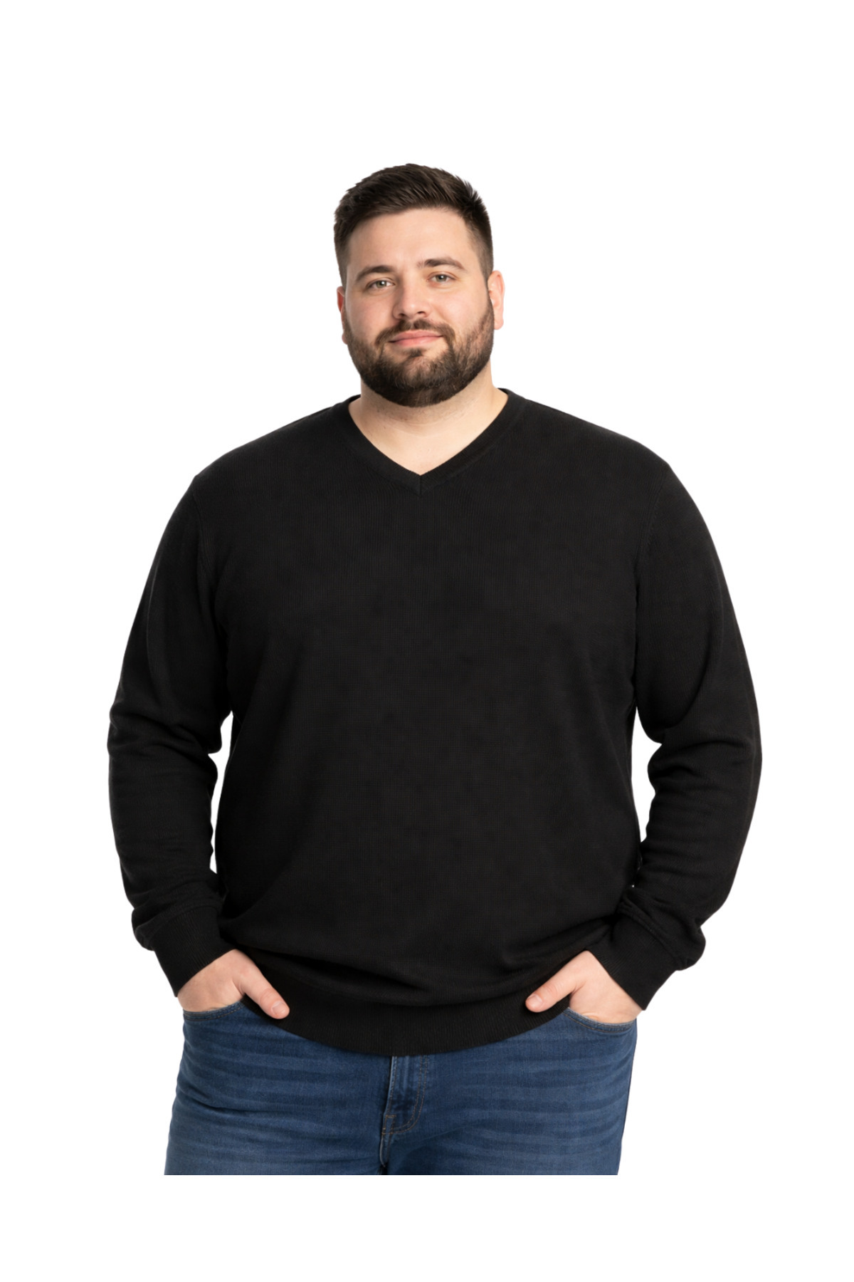 BattalModa Erkek Büyük Beden Siyah V Yaka Triko Kazak 3XL-4XL-5XL-6XL