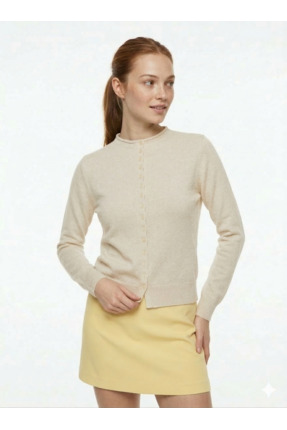 Qoolest Kadın Slim Fit Ekru Dar Kesim Düğmeli Bisiklet Yaka Triko Hırka