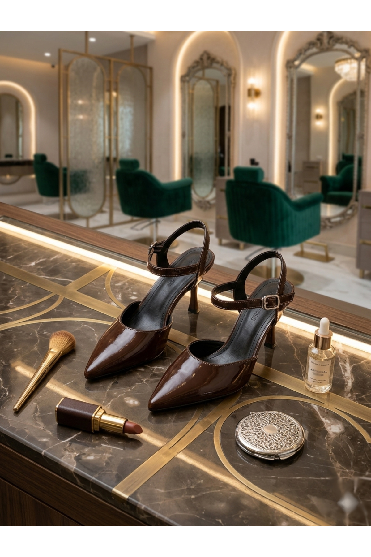 leopar by çetinay  Zarif Kahverengi Yanki Rugan Sivri Burun Kadın Topuklu Ayakkabı – Bilek Bantlı Şık Tasarım - Görsel 4