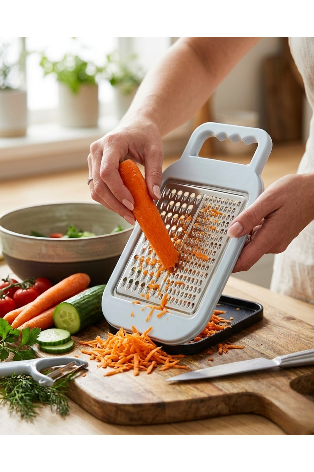 LUDIA Katlanabilir Paslanmaz Çelik Buharlı Pişirici,Geniş Yüzeyli Rende ve Ergonomik Soyacak Seti fotoğrafı 4 (önizleme)